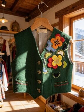 Vintage Embroidered Green Wool Baby Vest